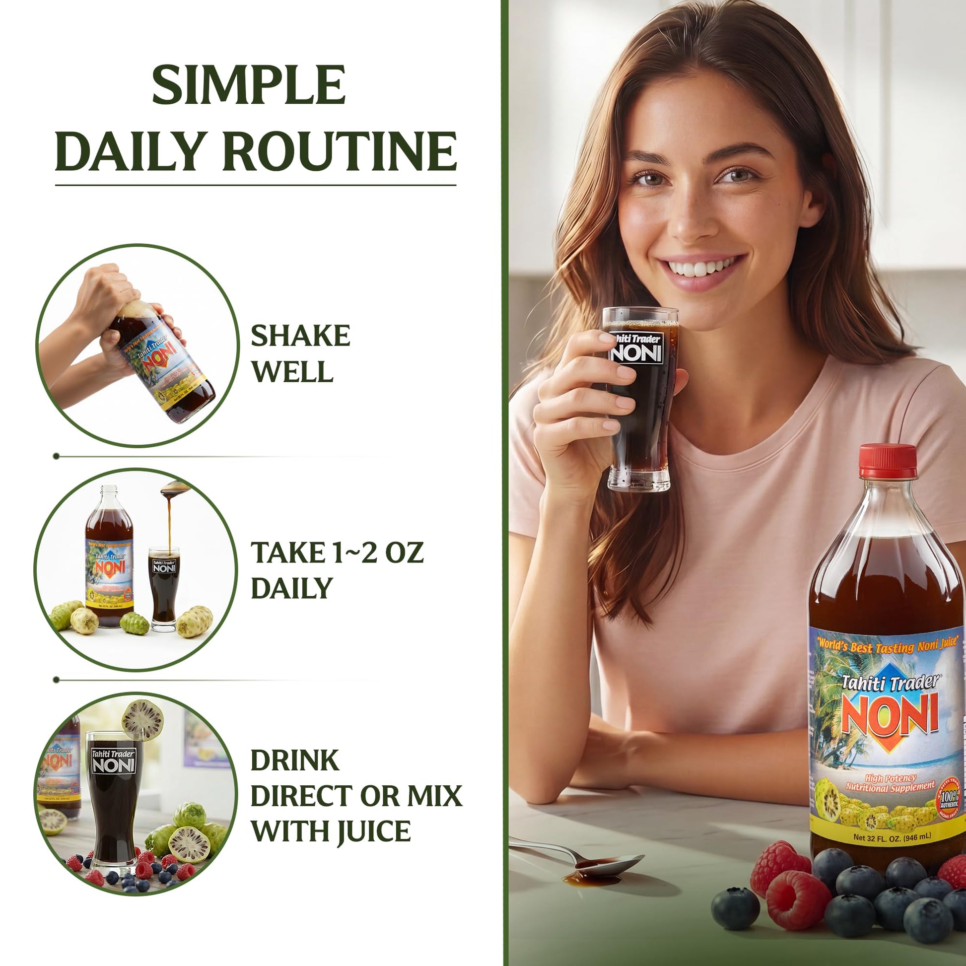 Authentic USA imported Tahiti Trader noni juice twin pack glass bottles side view