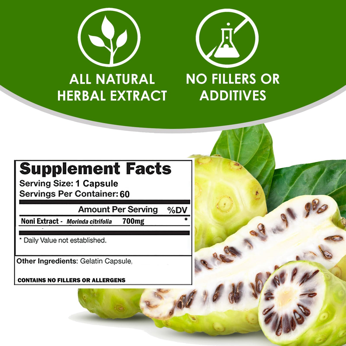 Side view of VH Nutrition Morinda citrifolia extract supplement bottle with ingredient details