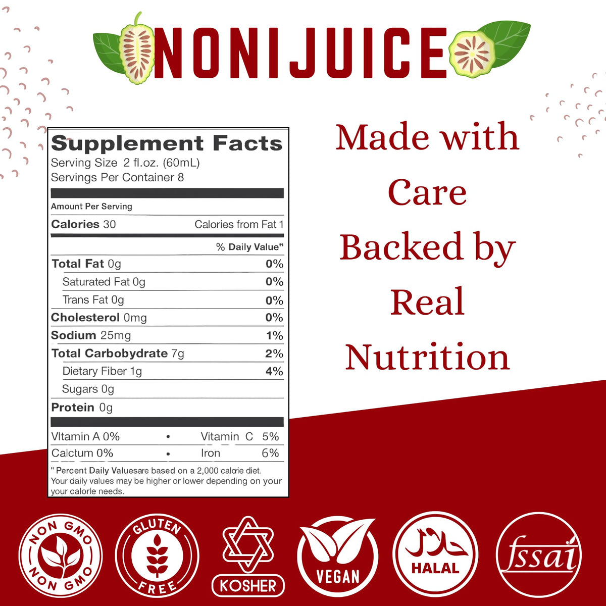 Basic Ayurveda cold pressed noni juice 480ml bottle packaging detail