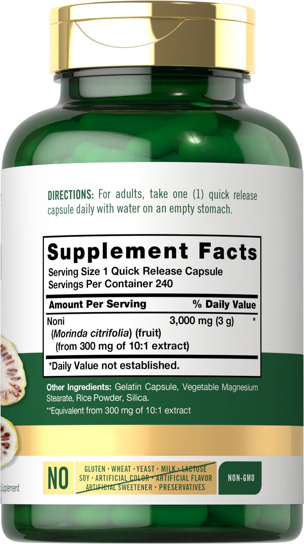 Carlyle Noni herbal capsules dietary supplement label details showcasing 3000mg potency formula