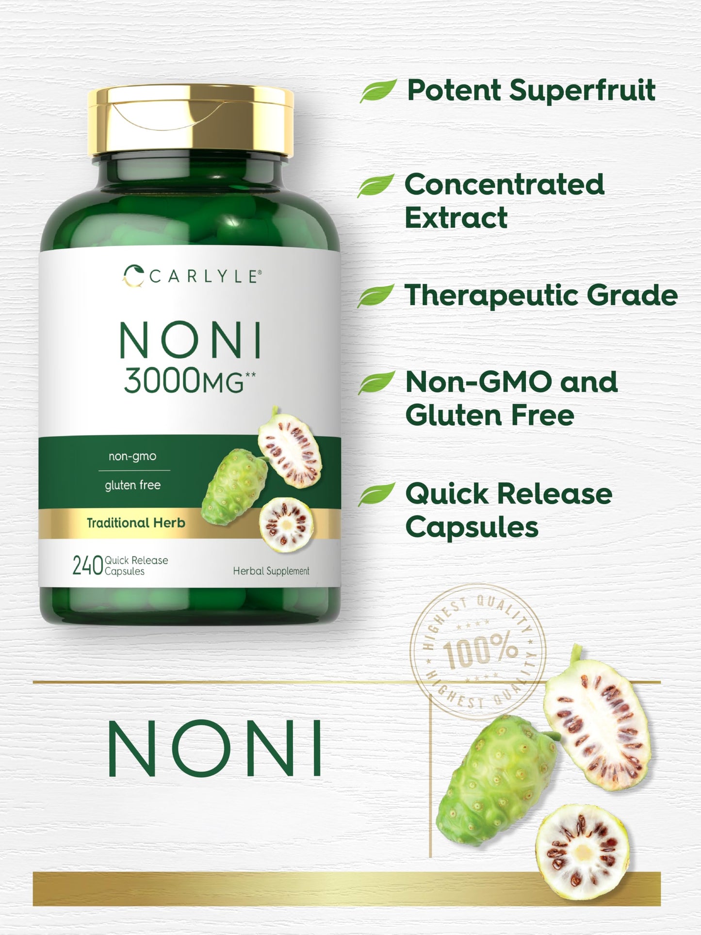 Back label view of Carlyle Noni capsules showing non-GMO and gluten-free product ingredients