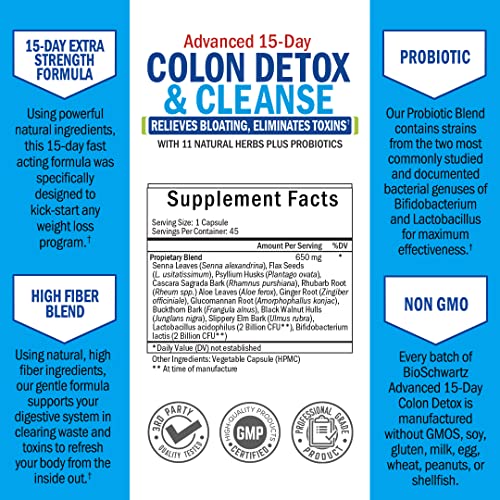 BioSchwartz fifteen day advanced intestinal cleanse supplement bottle showing supplement facts list