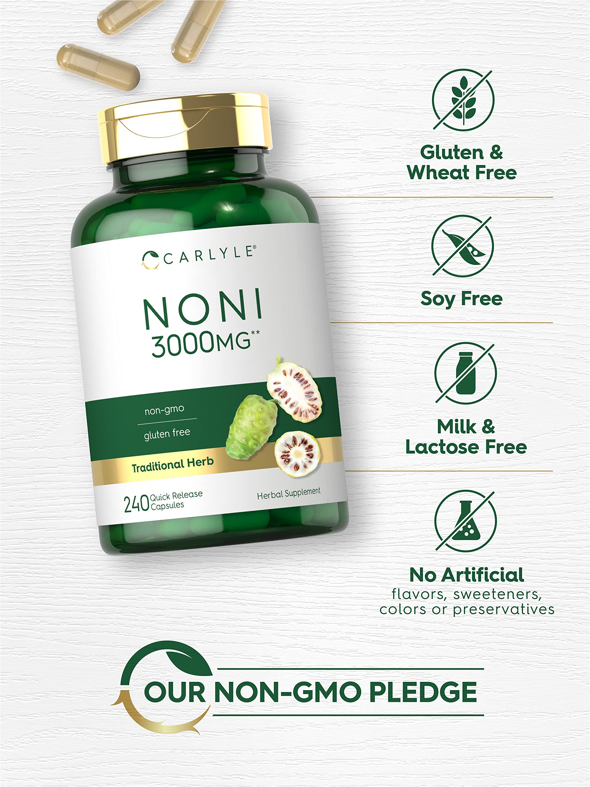 Authentic USA imported Carlyle Noni 240 quick release capsules bottle standing upright