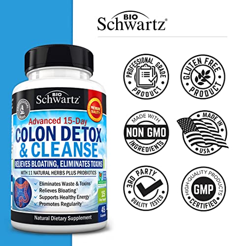 BioSchwartz extra strength herbal digestive detox supplement capsules next to original bottle packaging