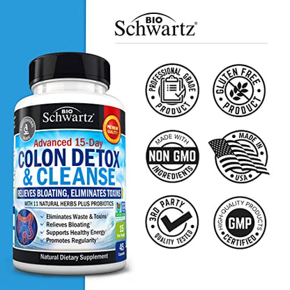 BioSchwartz extra strength herbal digestive detox supplement capsules next to original bottle packaging