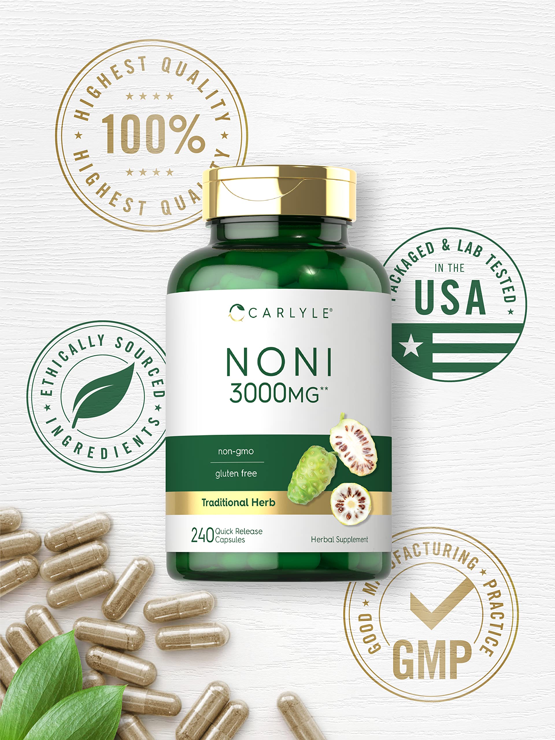 Carlyle Noni traditional herb supplement showing directions for use and serving size information