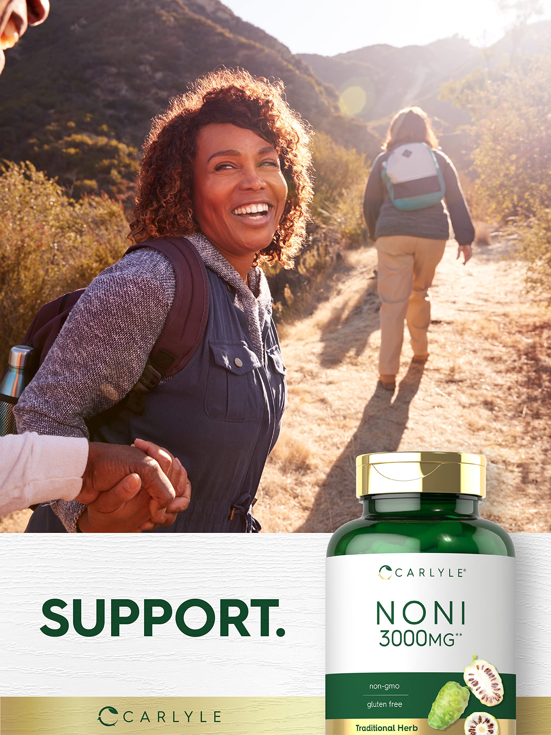 Side view of Carlyle Noni antioxidant fruit extract supplement bottle with clear text graphics