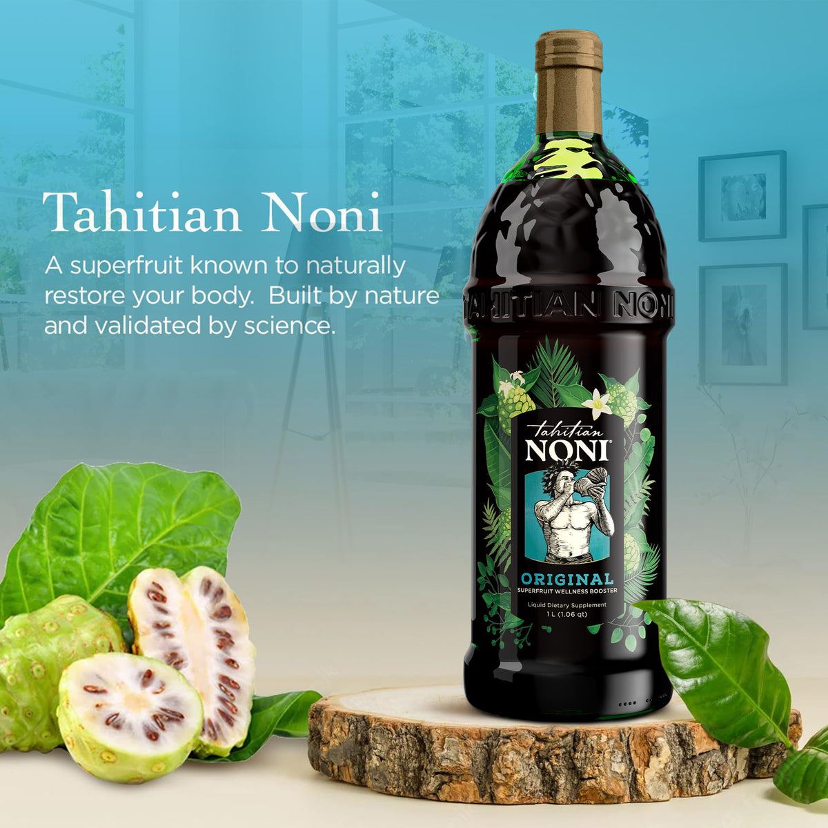 Tahitian Noni liquid dietary supplement 1 Liter bottle label close up