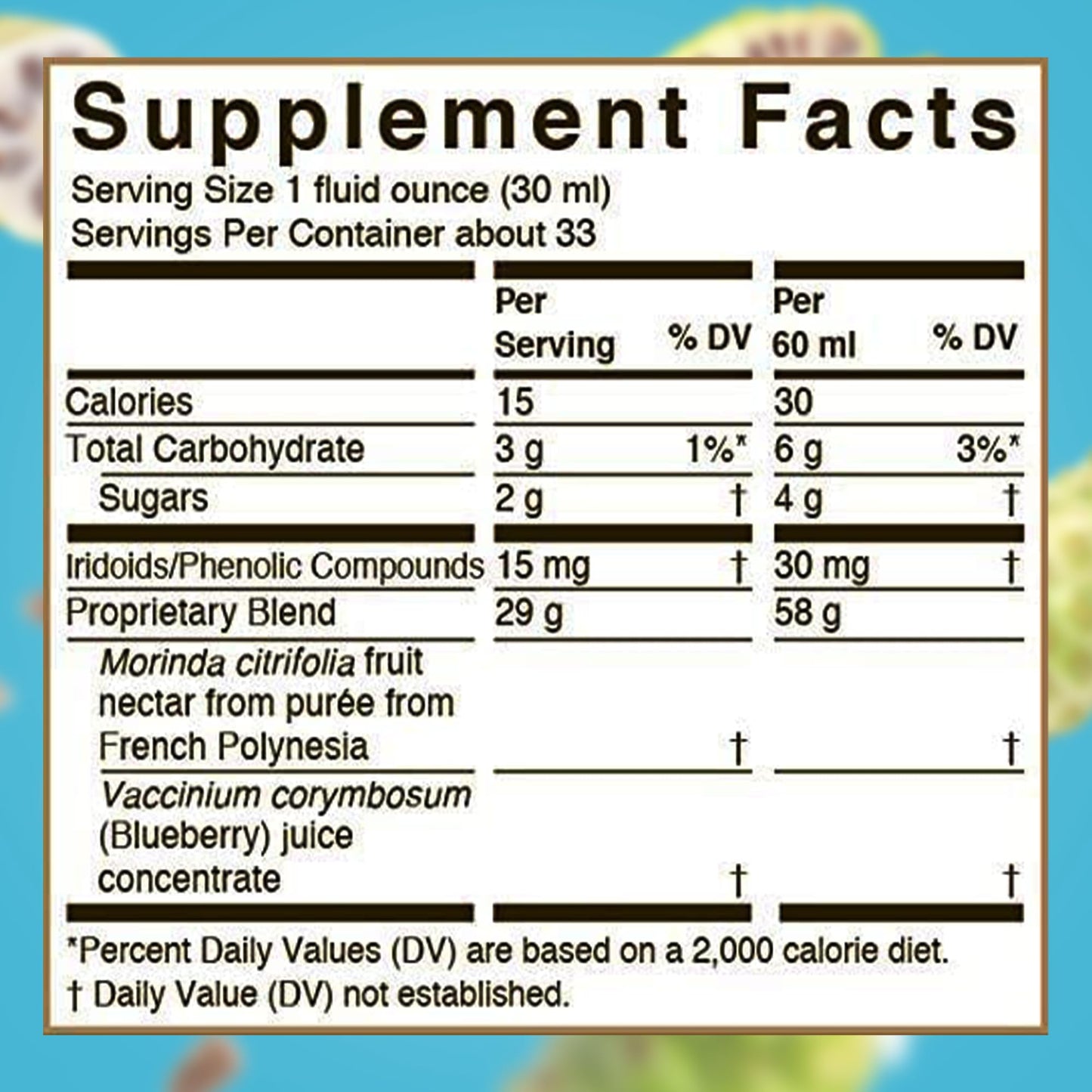 Antioxidant rich noni juice with blueberry and grape extracts