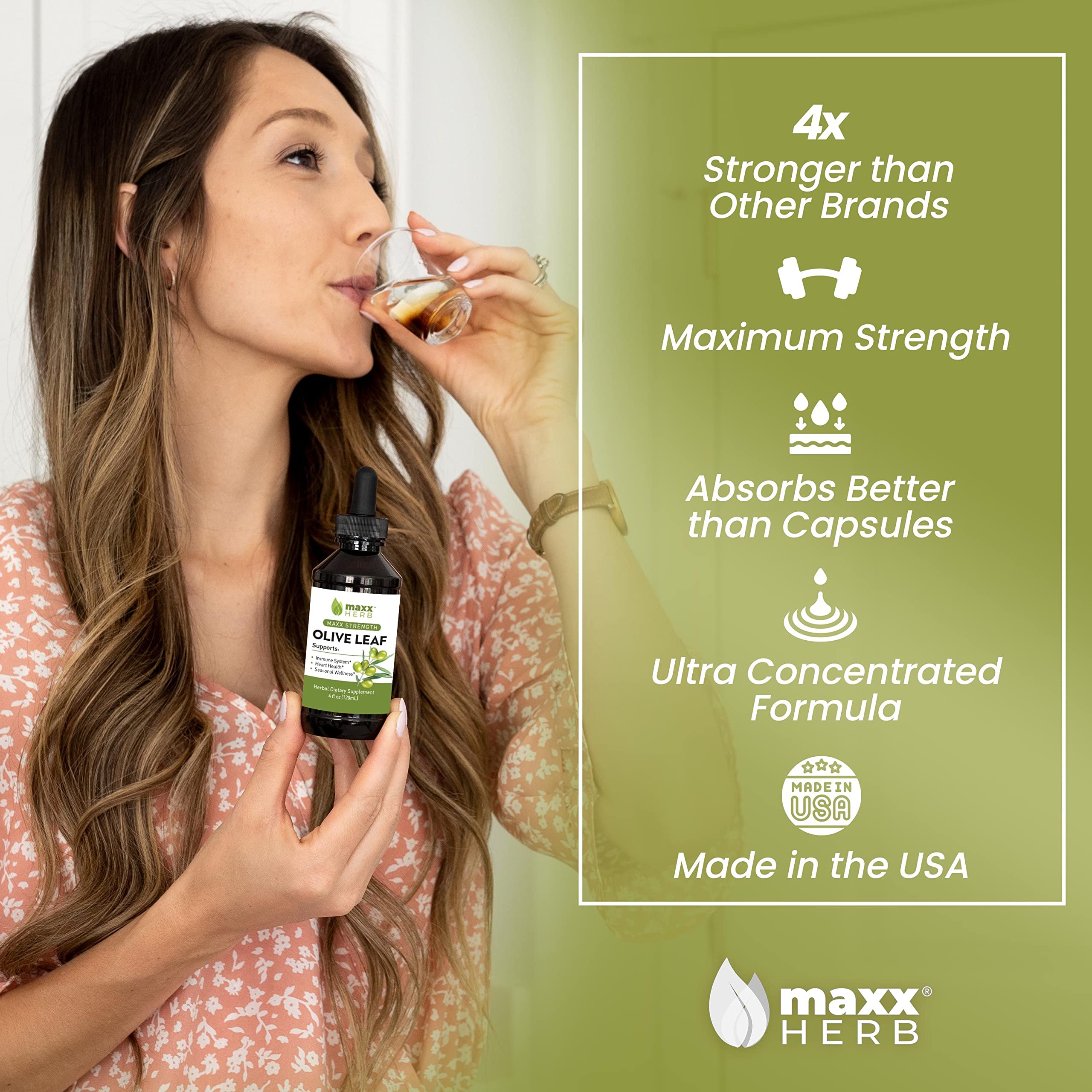 Maxx Herb Olive Leaf Extract side label showcasing pure ingredients including vegetable glycerin and wild harvested oleuropein
