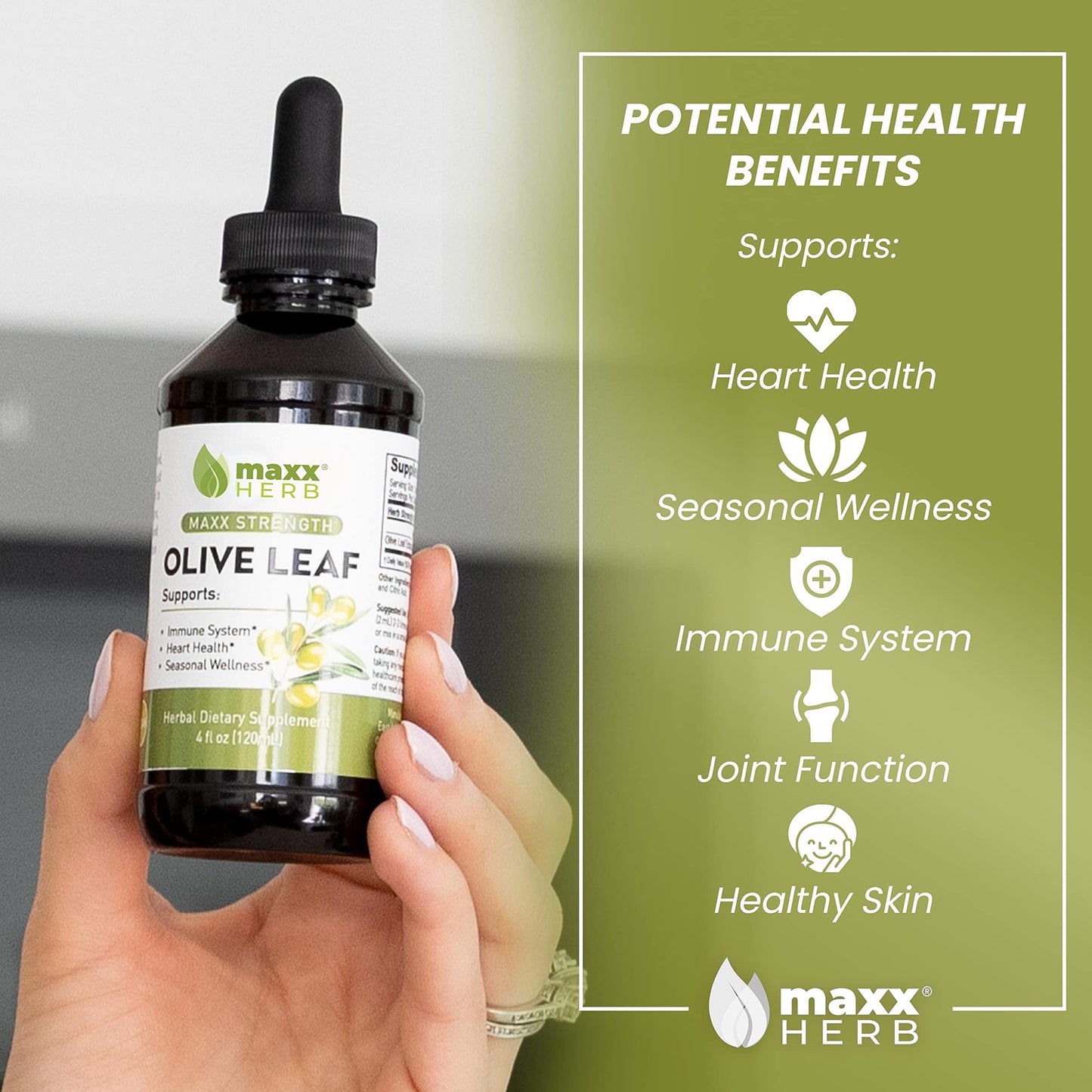 Maxx Herb Olive Leaf Extract glass dropper top highlighting the ease of measuring the sixty servings dosage