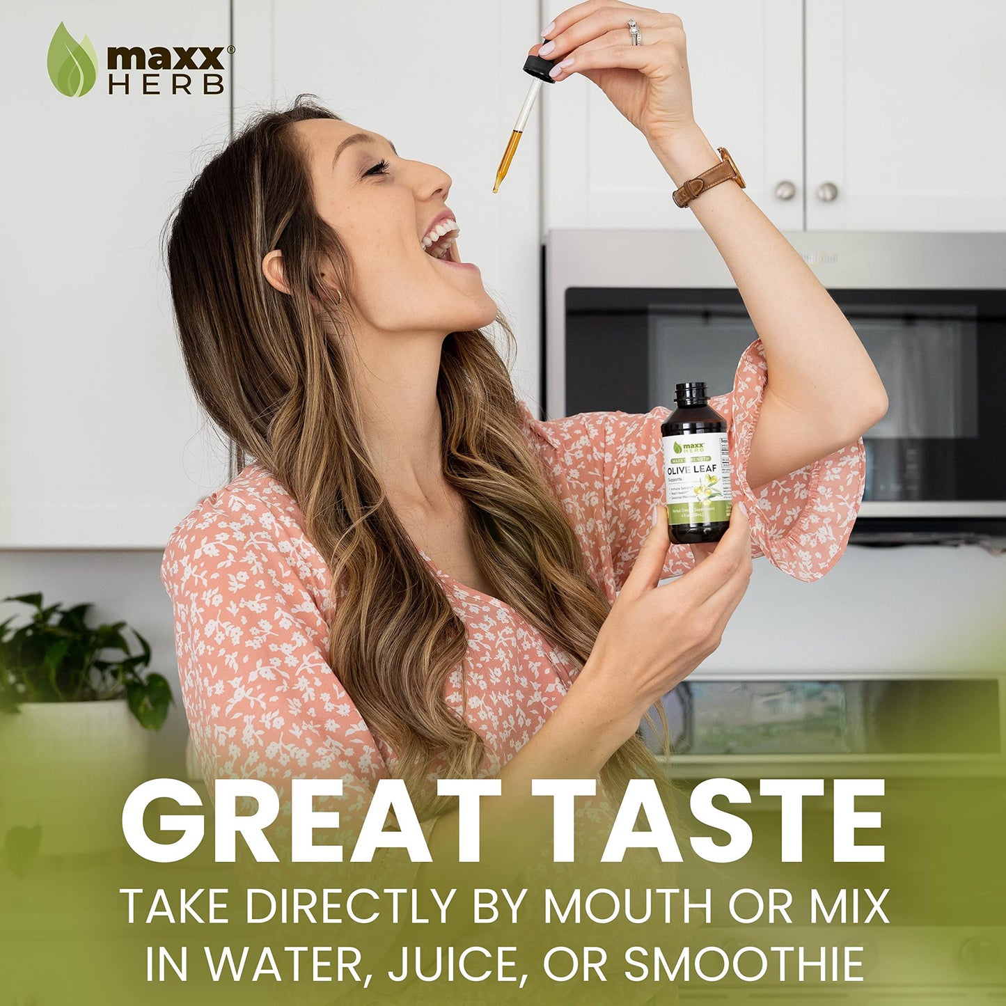 Maxx Herb Olive Leaf Extract packaging details indicating the maximum strength alcohol free and non GMO specifications