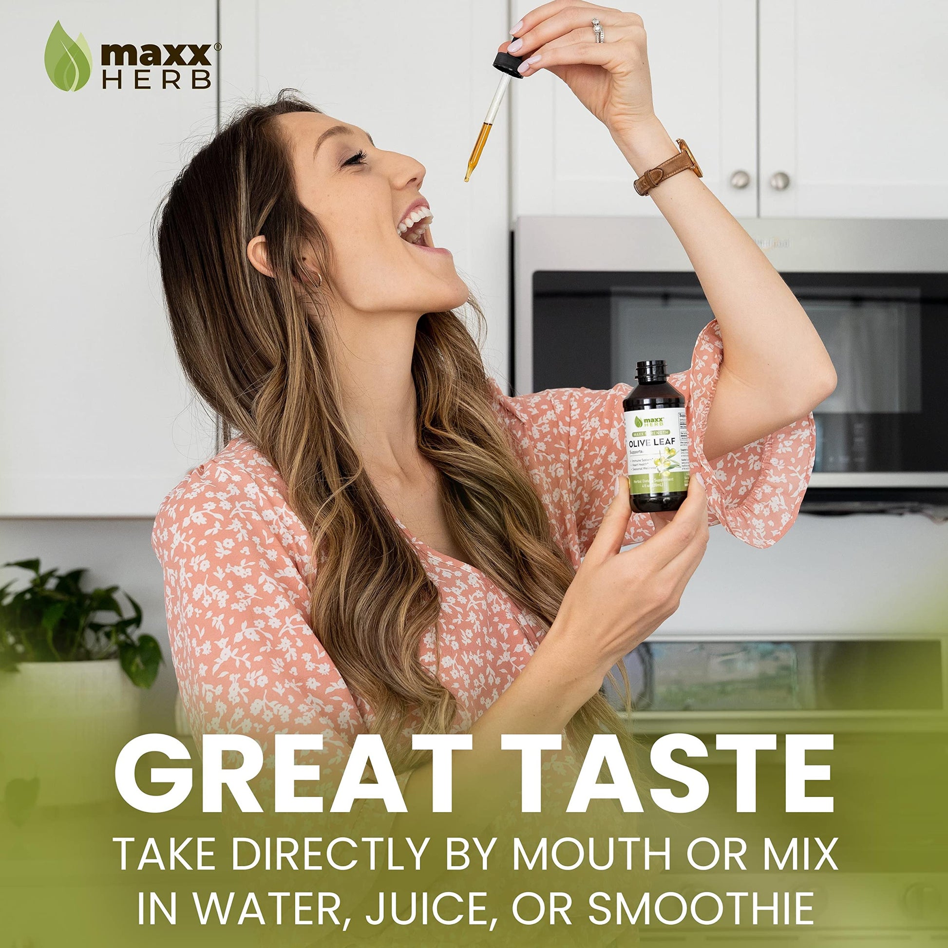 Maxx Herb Olive Leaf Extract packaging details indicating the maximum strength alcohol free and non GMO specifications