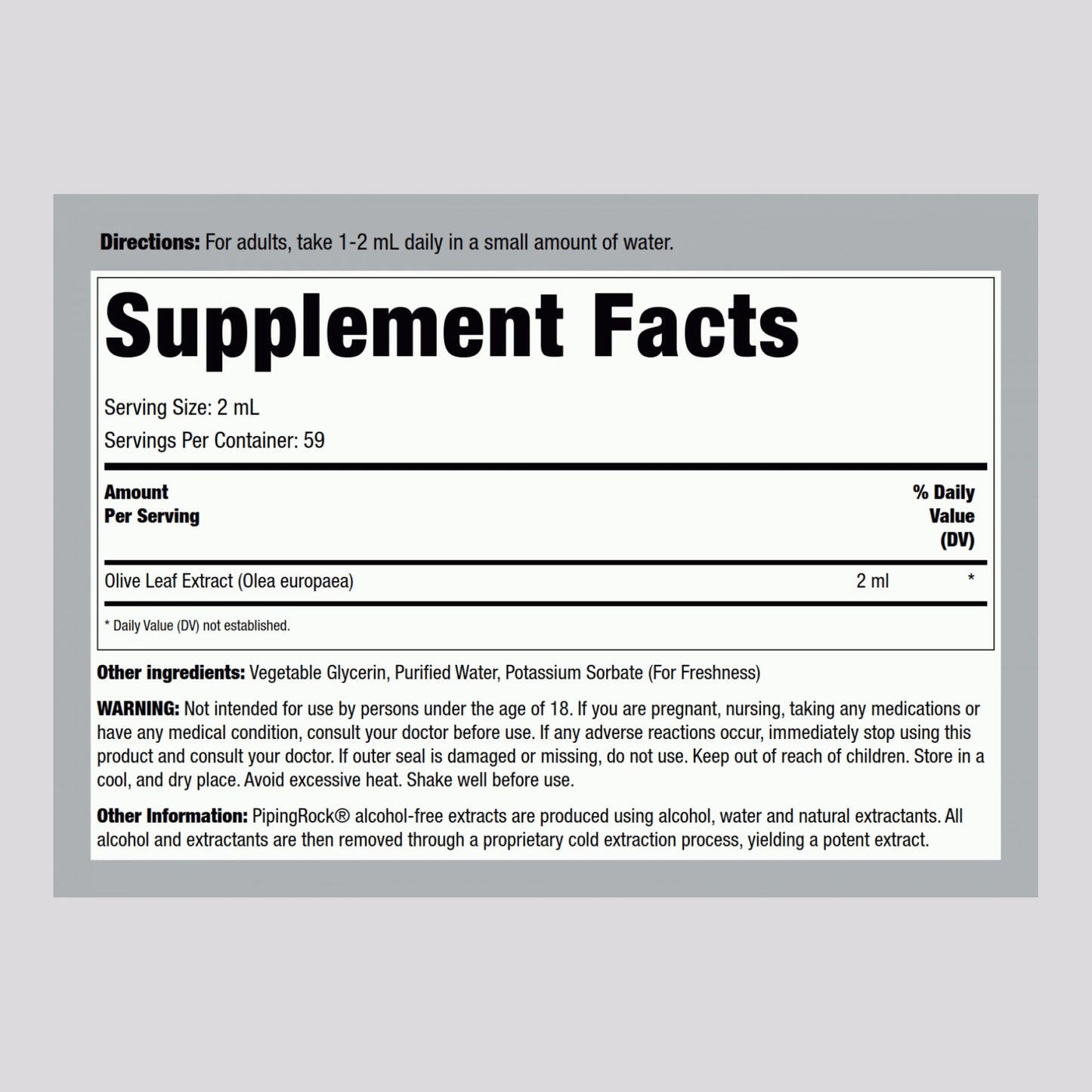Piping Rock alcohol free olive leaf liquid tincture dropper bottle showing supplement facts