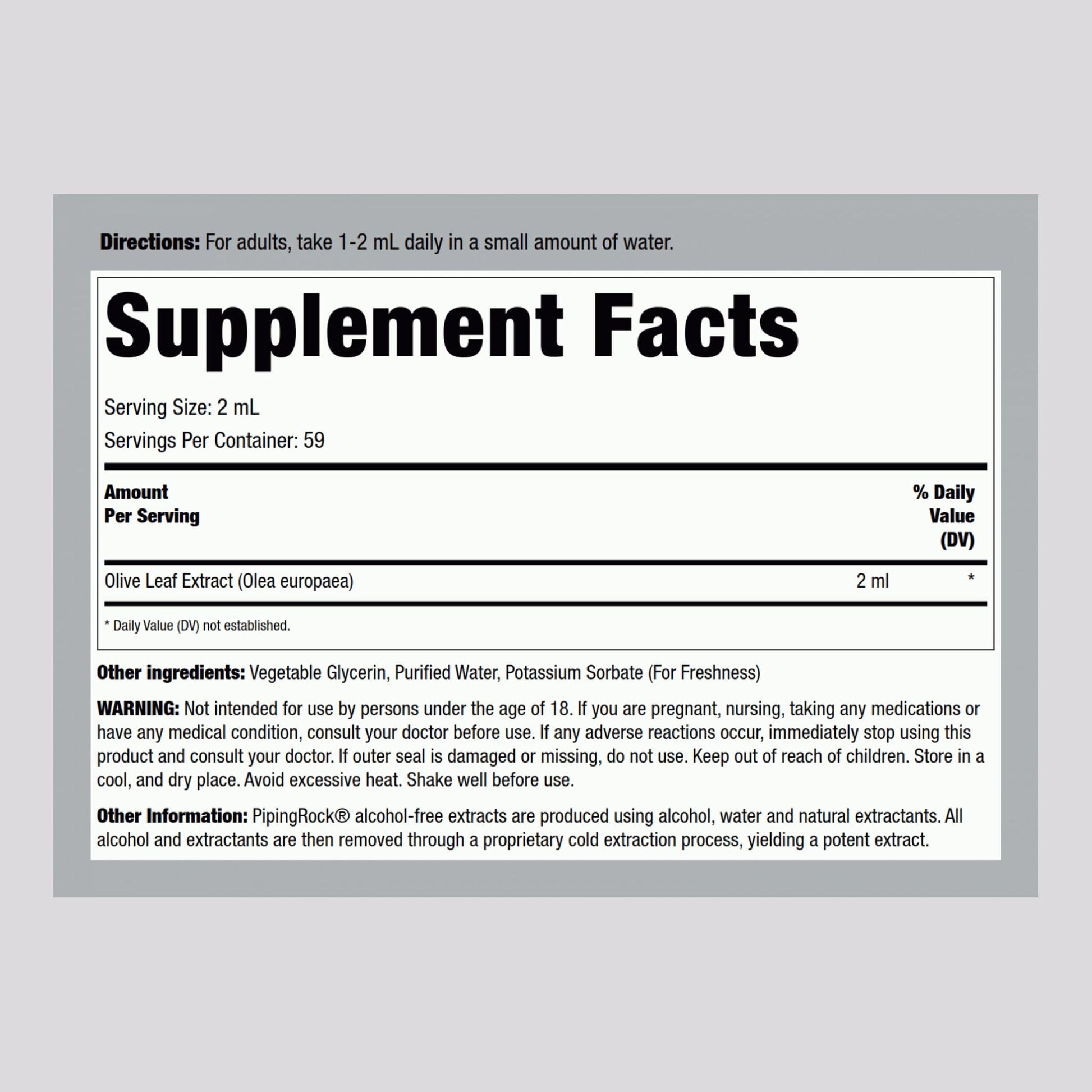 Piping Rock alcohol free olive leaf liquid tincture dropper bottle showing supplement facts