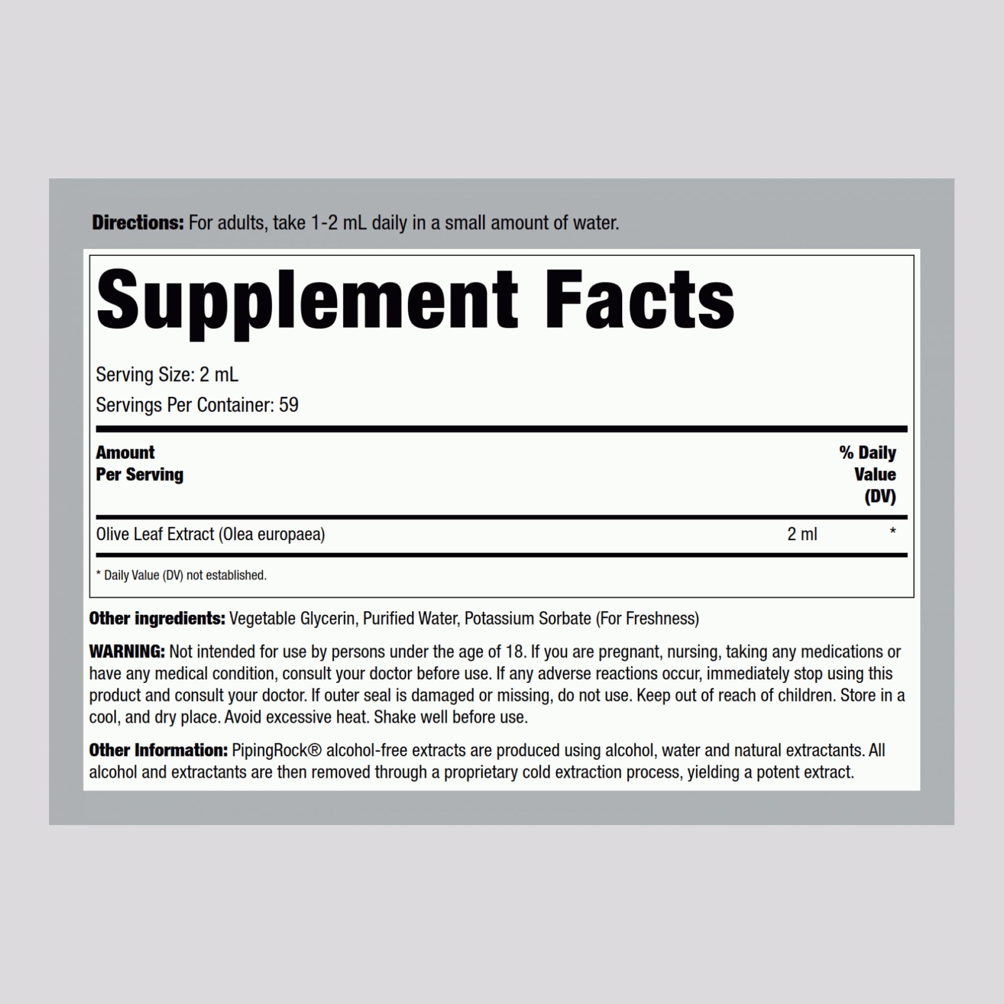Piping Rock alcohol free olive leaf liquid tincture dropper bottle showing supplement facts