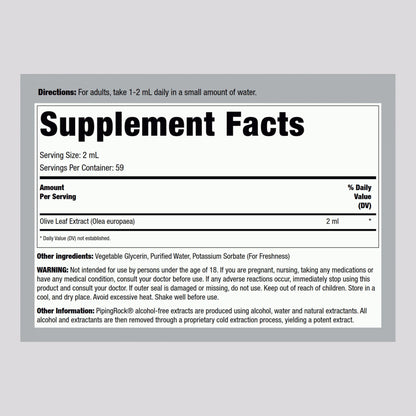 Piping Rock alcohol free olive leaf liquid tincture dropper bottle showing supplement facts
