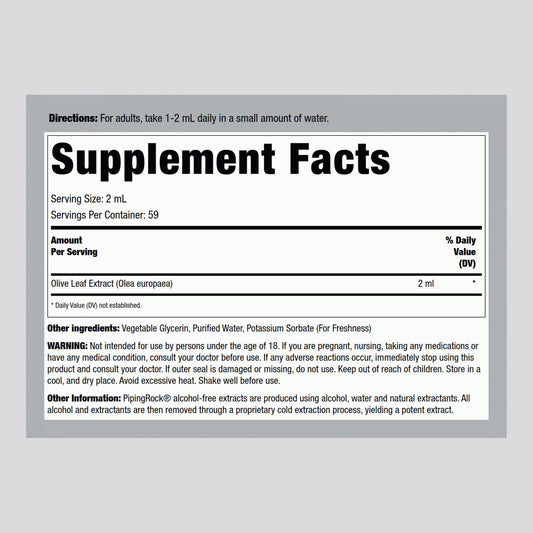 Piping Rock alcohol free olive leaf liquid tincture dropper bottle showing supplement facts
