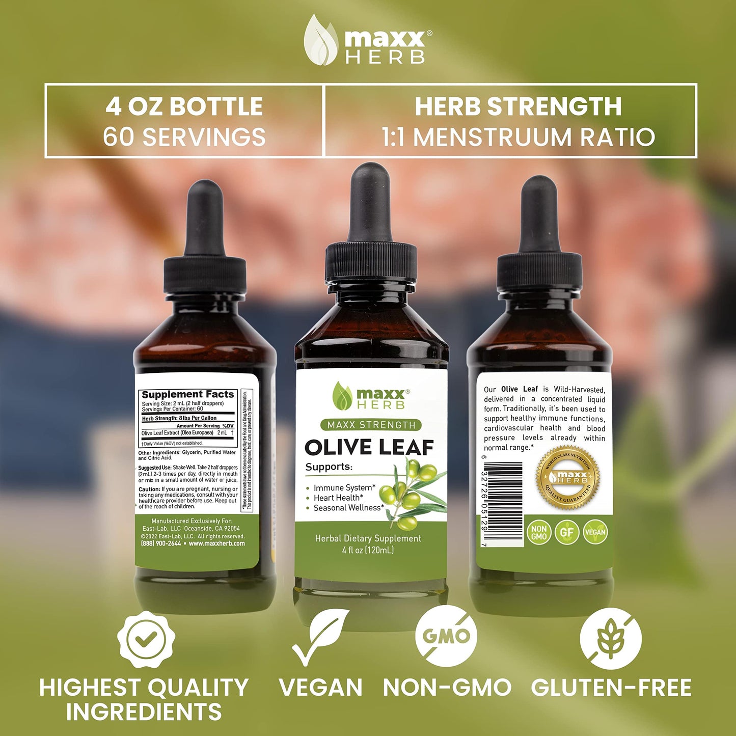 Maxx Herb Olive Leaf Extract liquid tincture bottle showing authentic imported seal and product barcode information