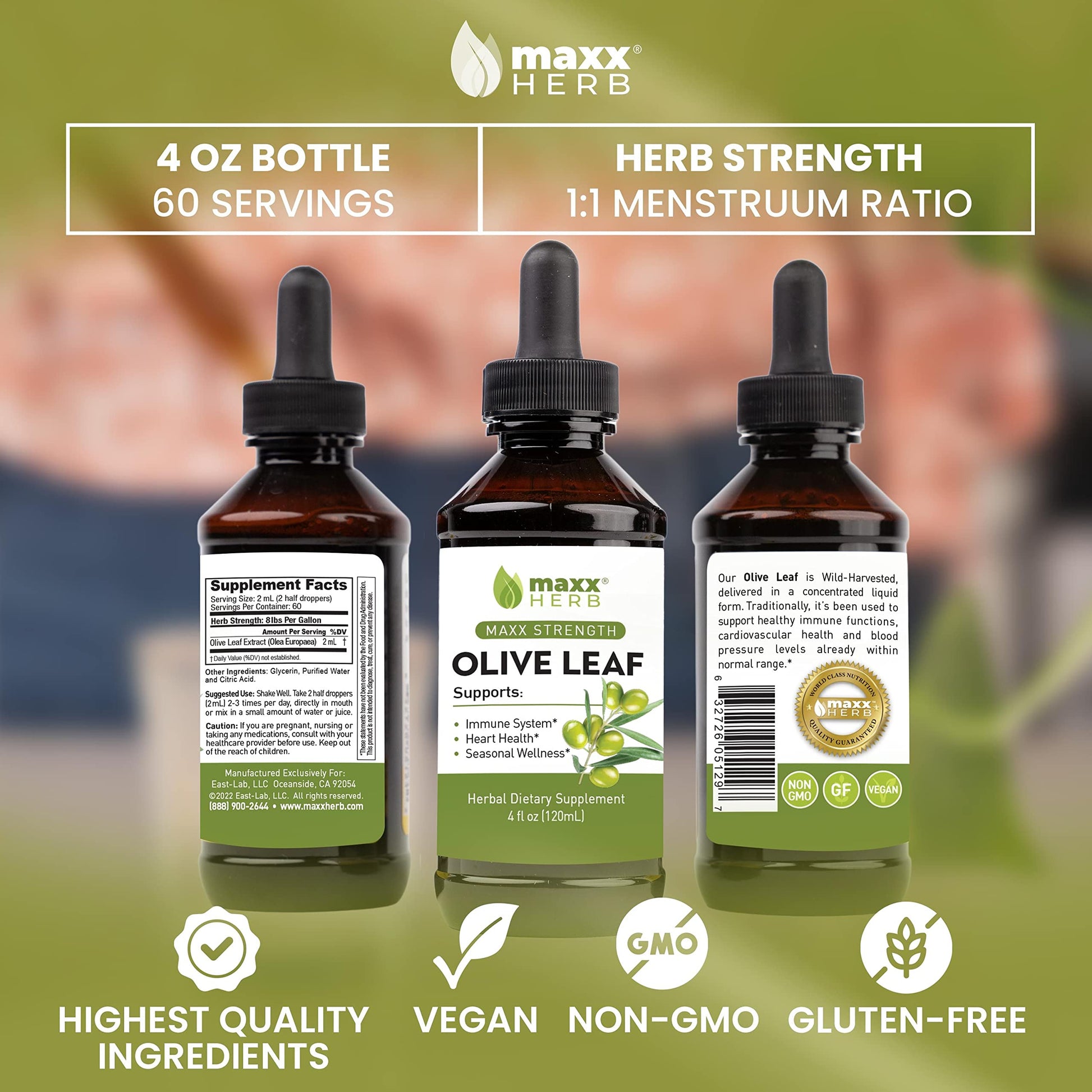 Maxx Herb Olive Leaf Extract liquid tincture bottle showing authentic imported seal and product barcode information