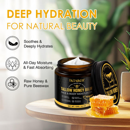 Tktalker hydrating tallow balm with raw honey and beeswax texture close up