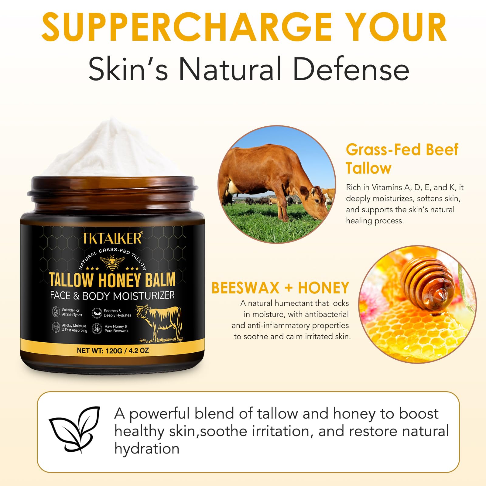 Tktalker grass-fed beef tallow skin cream 120g container angled side view