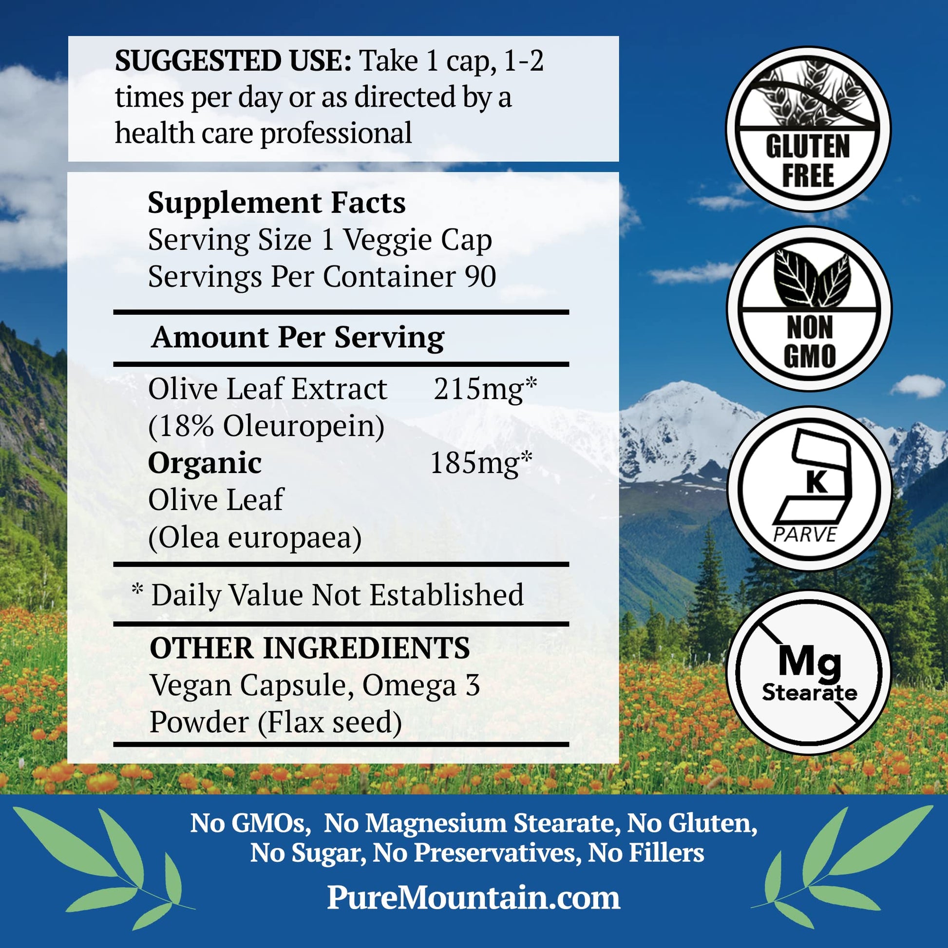 Pure Mountain Botanicals Olive Leaf Extract supplement facts and ingredient label details