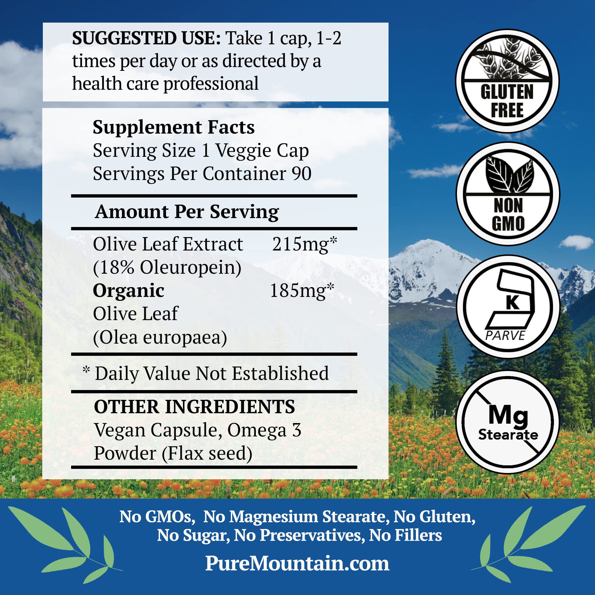 Pure Mountain Botanicals Olive Leaf Extract supplement facts and ingredient label details