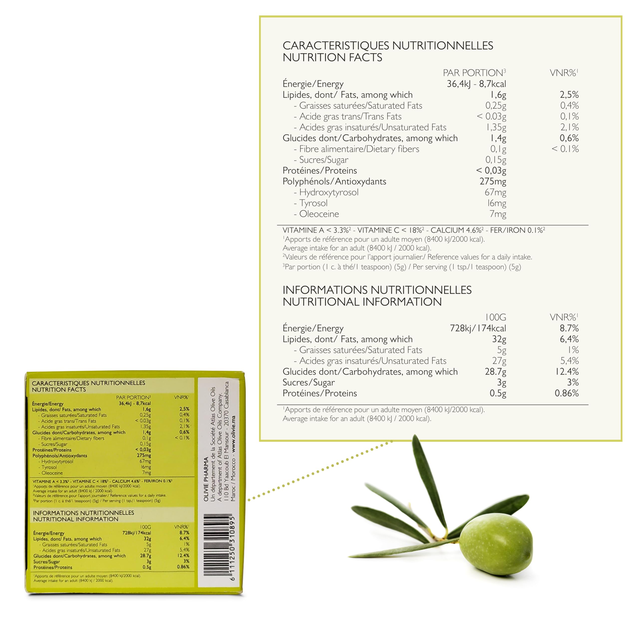 OLIVIE Les Bienfaits de lOlivier desert tree pearls packaging details and nutrition facts