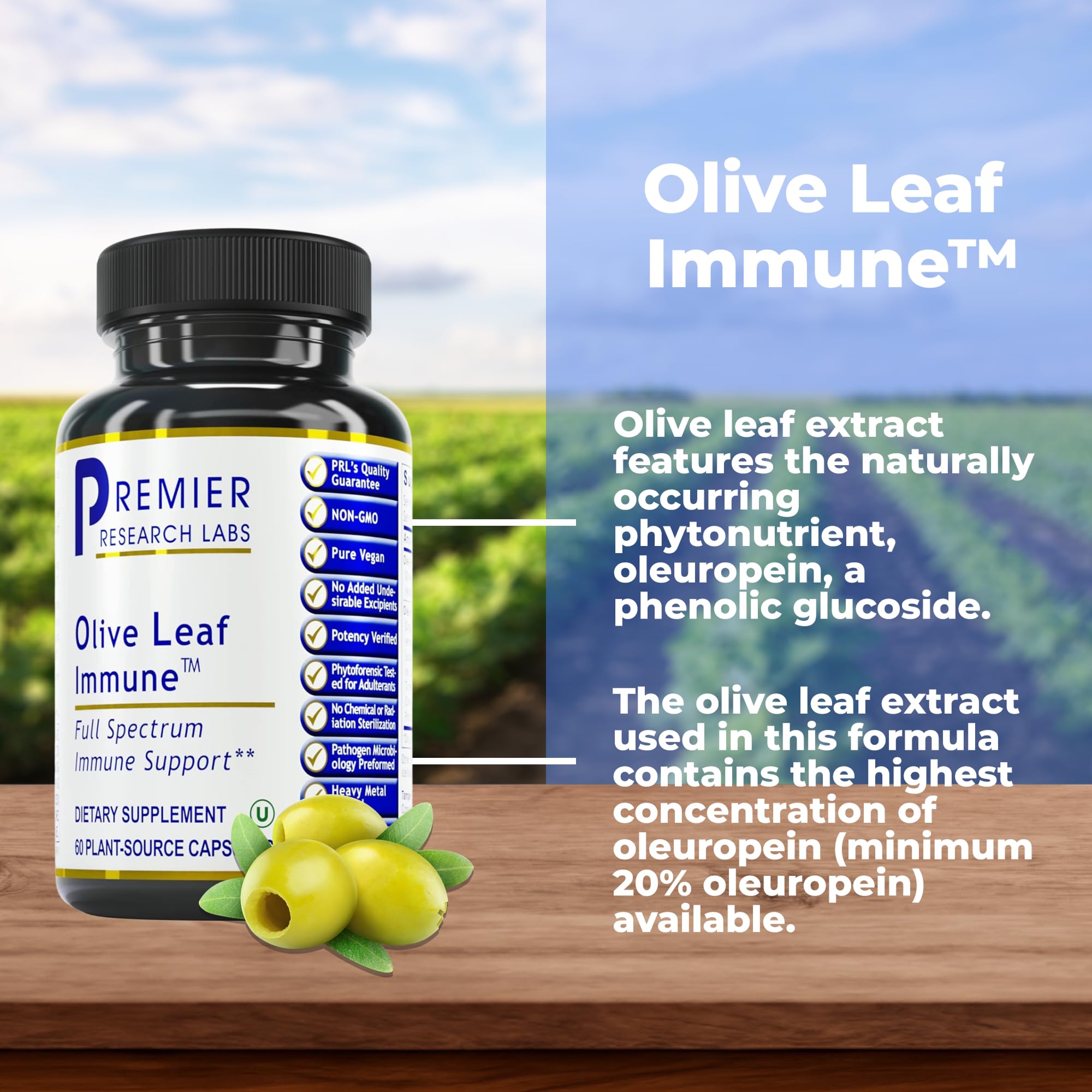 Side angle of Premier Research Labs Olive Leaf Immune supplement displaying the comprehensive nutritional facts panel.