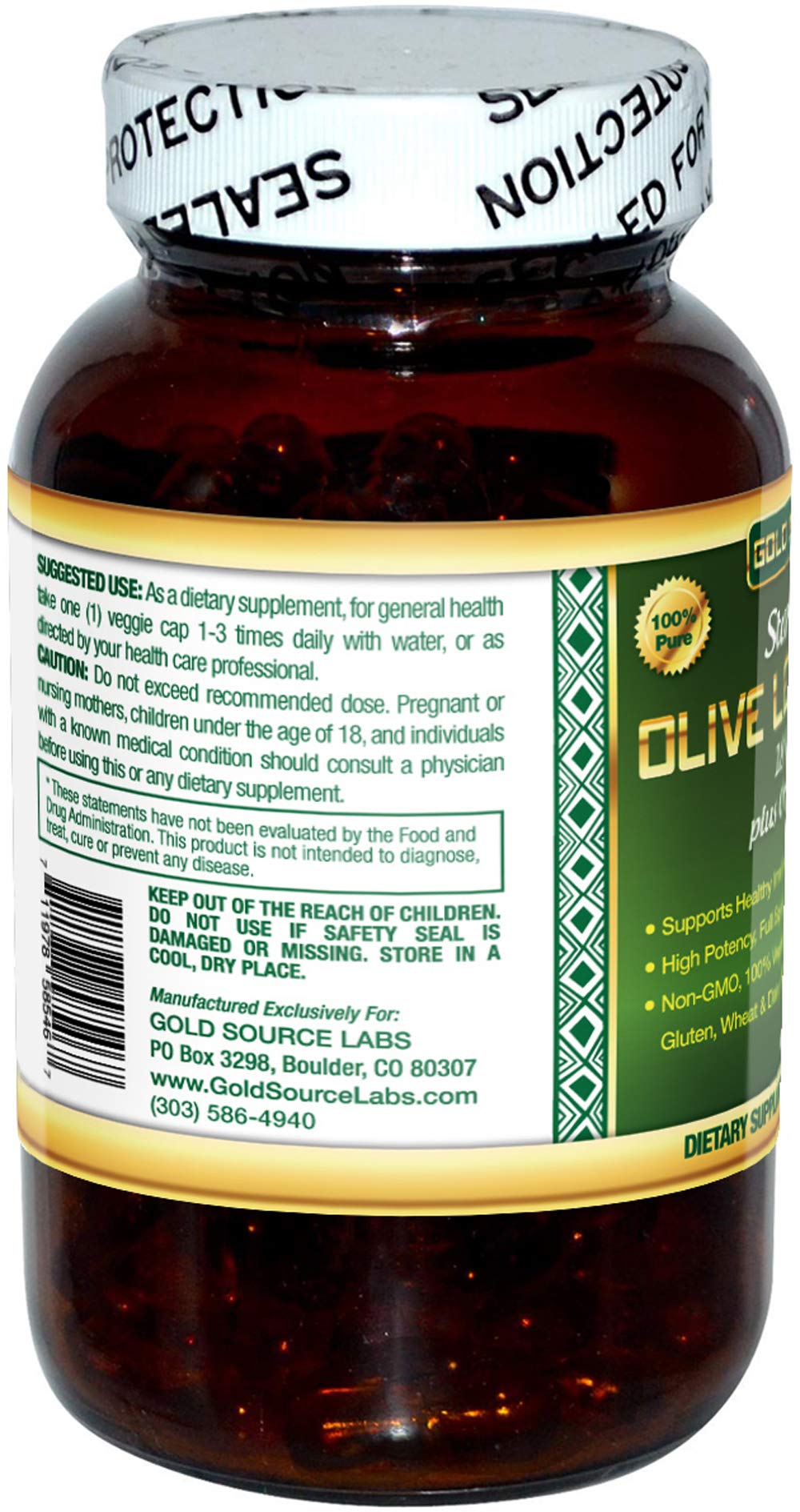 Gold Source Labs Pure Olive Leaf complex supplement label facts showing 18 percent oleuropein