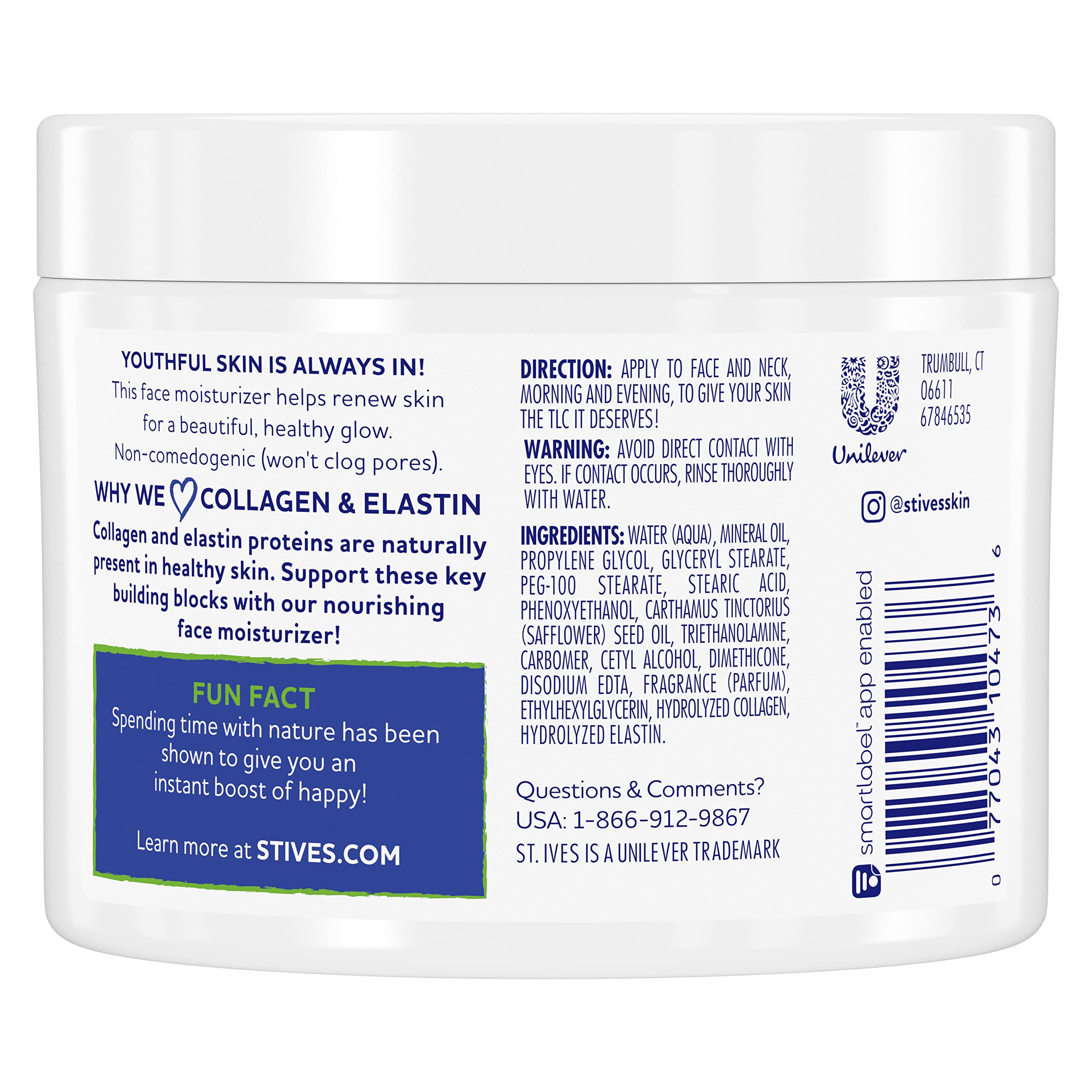 St. Ives Collagen and Elastin face moisturizer showing the paraben-free product details.