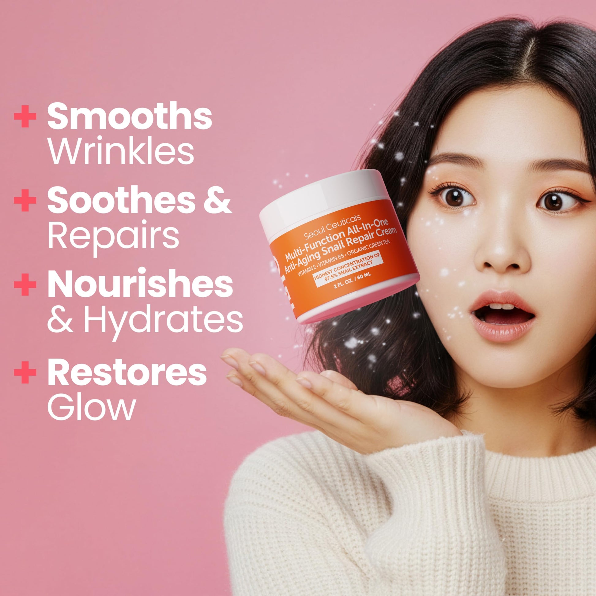 SeoulCeuticals Snail Repair Cream packaging showing ingredients list and 97.5 percent concentration