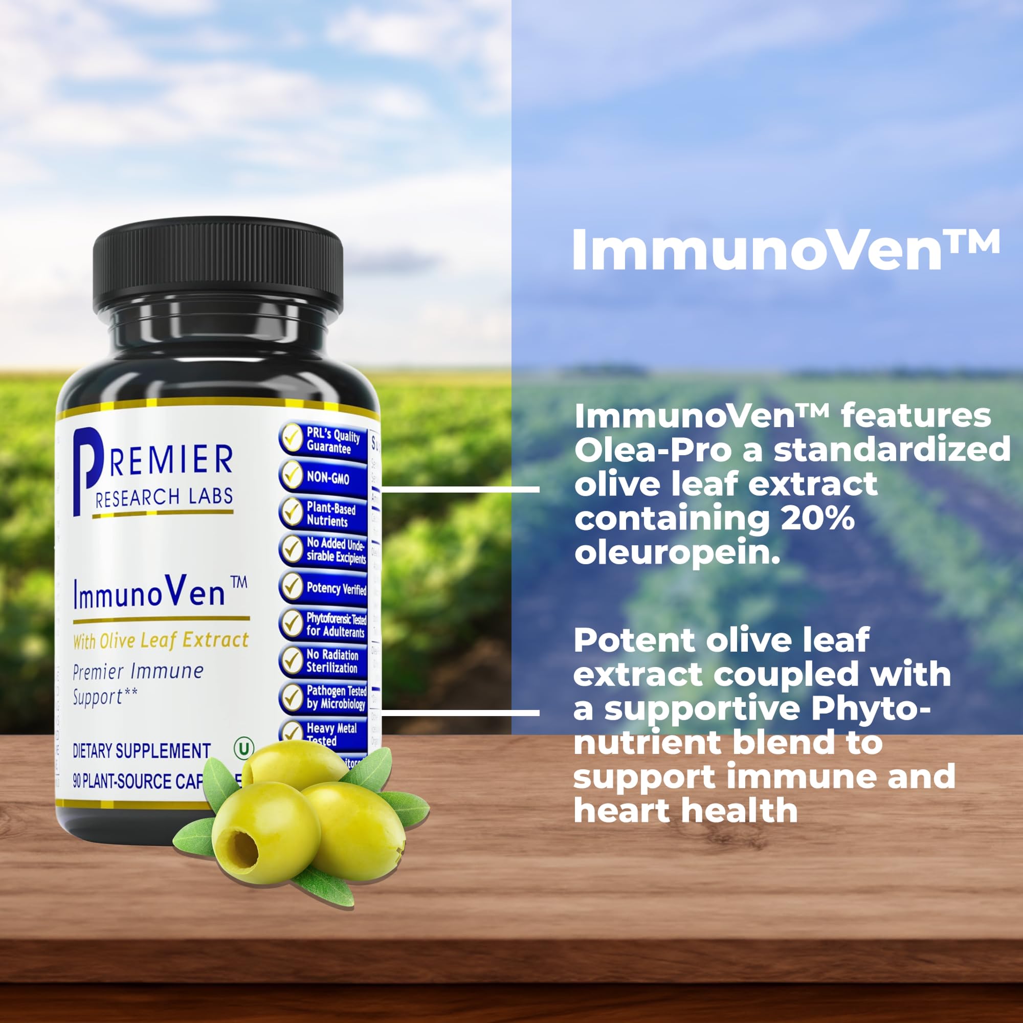 Premier Research Labs ImmunoVen bottle showing standardized olive leaf extract supplement facts