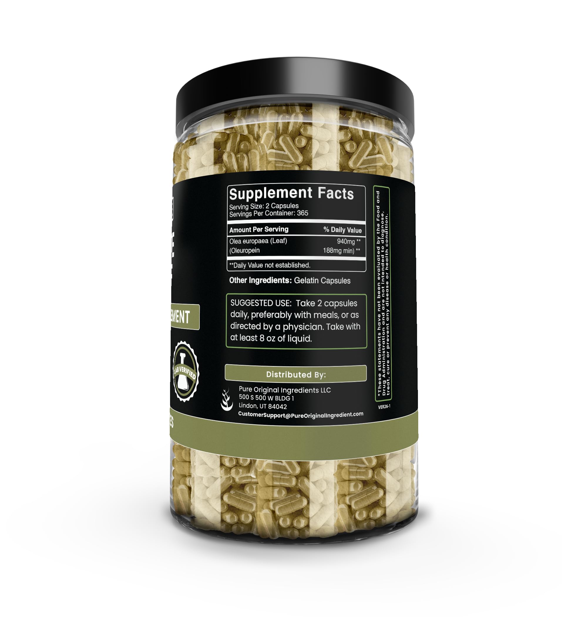Pure Original Ingredients Olive Leaf supplement label details showing pure undiluted ingredients