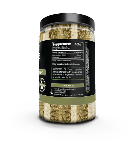 Pure Original Ingredients Olive Leaf supplement label details showing pure undiluted ingredients