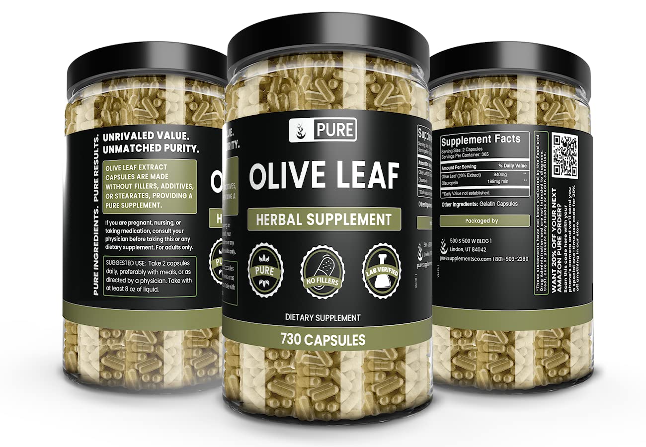 One year supply olive leaf extract wellness pills with no fillers or magnesium stearate