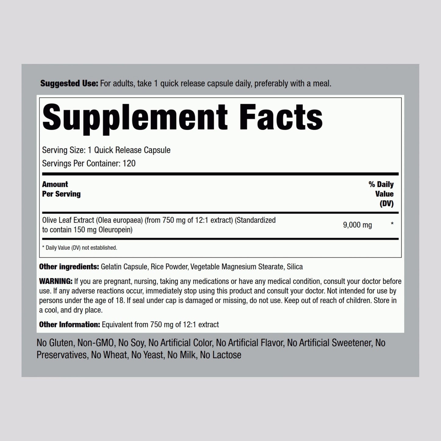 Piping Rock Standardized Olive Leaf Extract Nutritional Label and Ingredients Panel