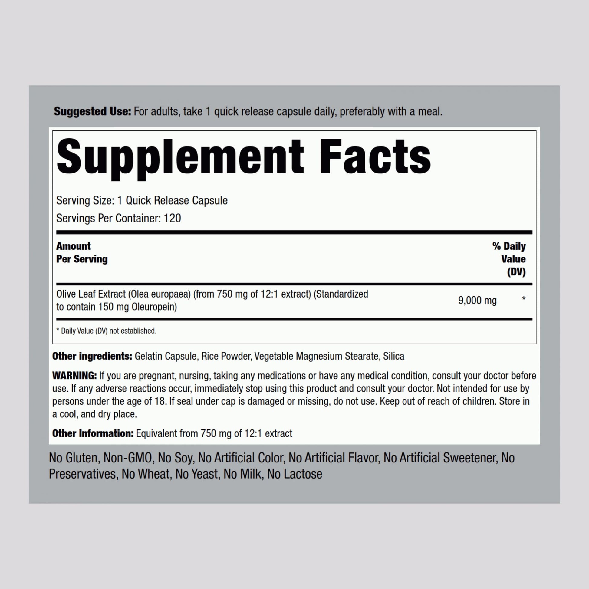 Piping Rock Standardized Olive Leaf Extract Nutritional Label and Ingredients Panel
