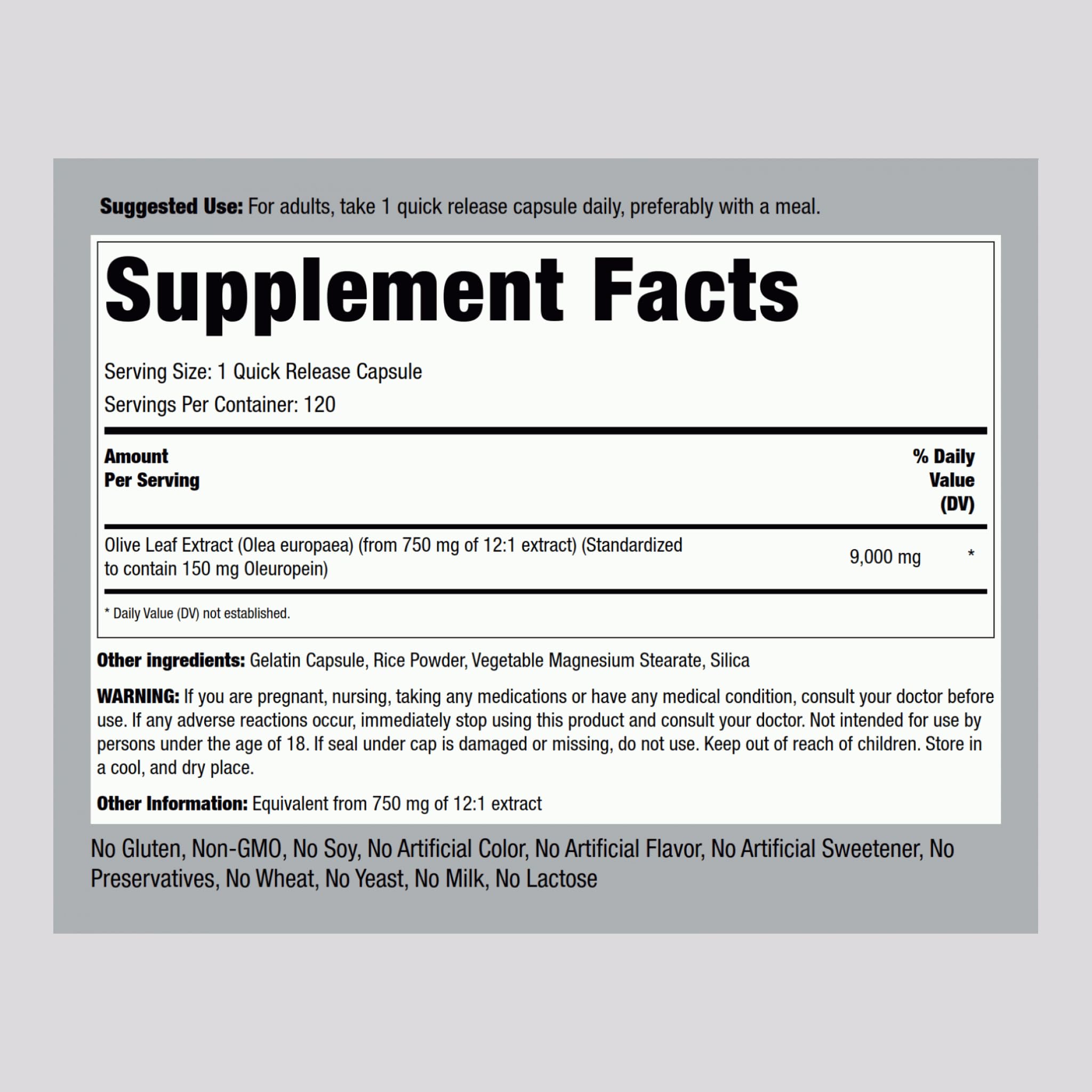 Piping Rock Standardized Olive Leaf Extract Nutritional Label and Ingredients Panel