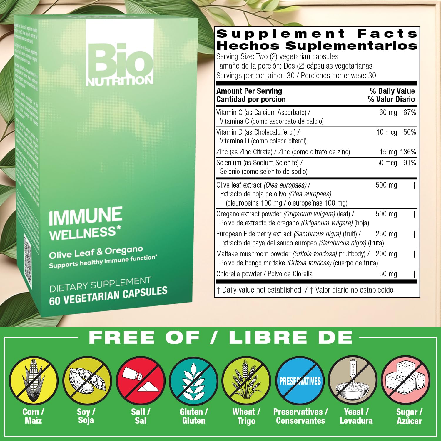 Bio Nutrition Olive Leaf and Oregano capsules bottle showing supplement facts label