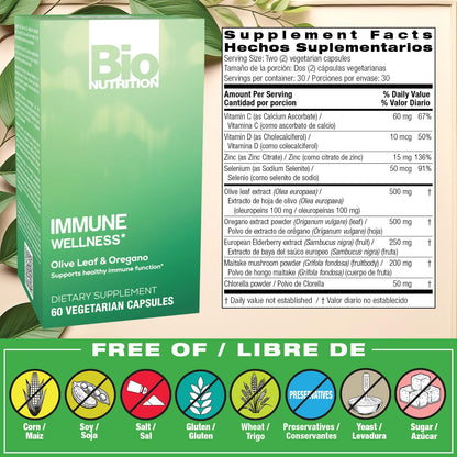 Bio Nutrition Olive Leaf and Oregano capsules bottle showing supplement facts label