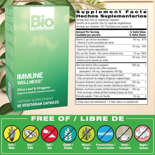 Bio Nutrition Olive Leaf and Oregano capsules bottle showing supplement facts label
