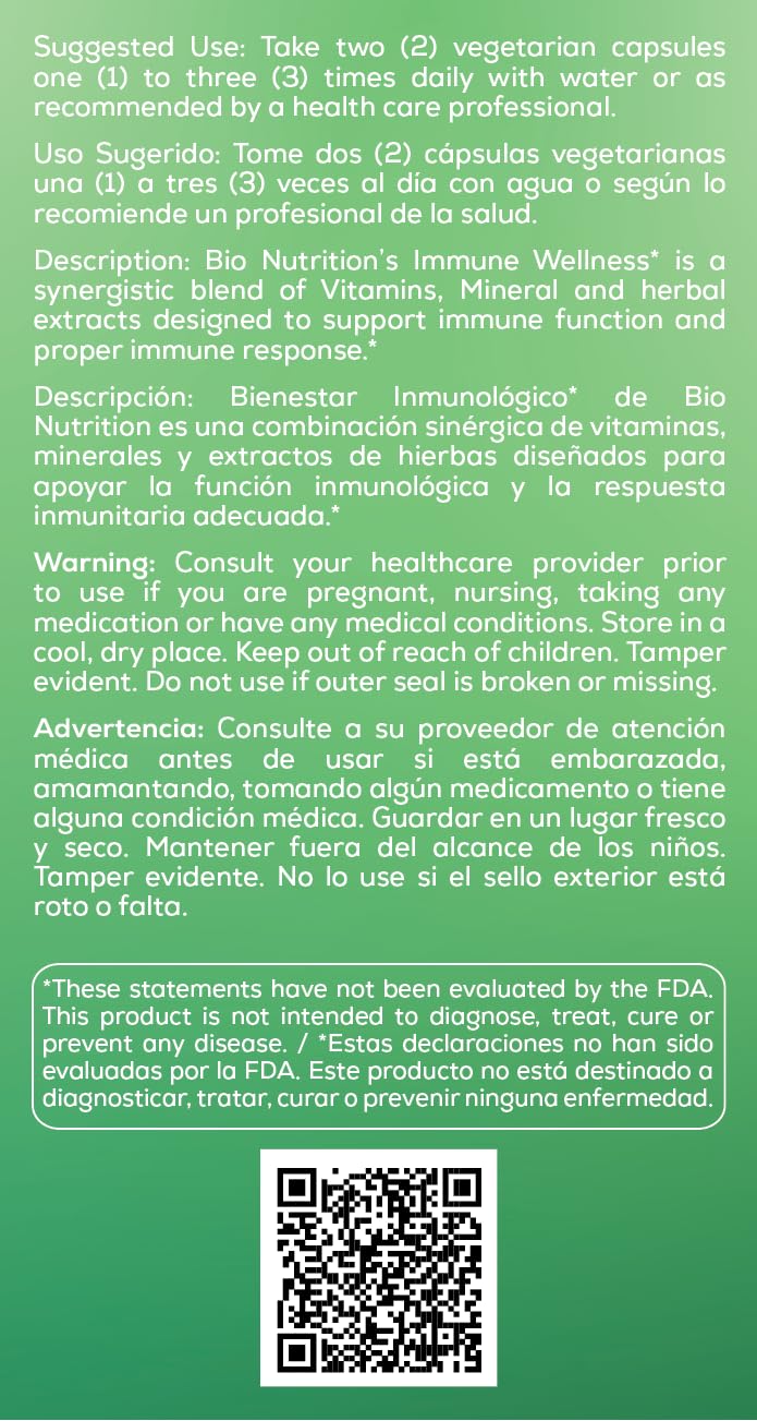 Sixty vegetarian capsules container of Bio Nutrition Immune Wellness formula