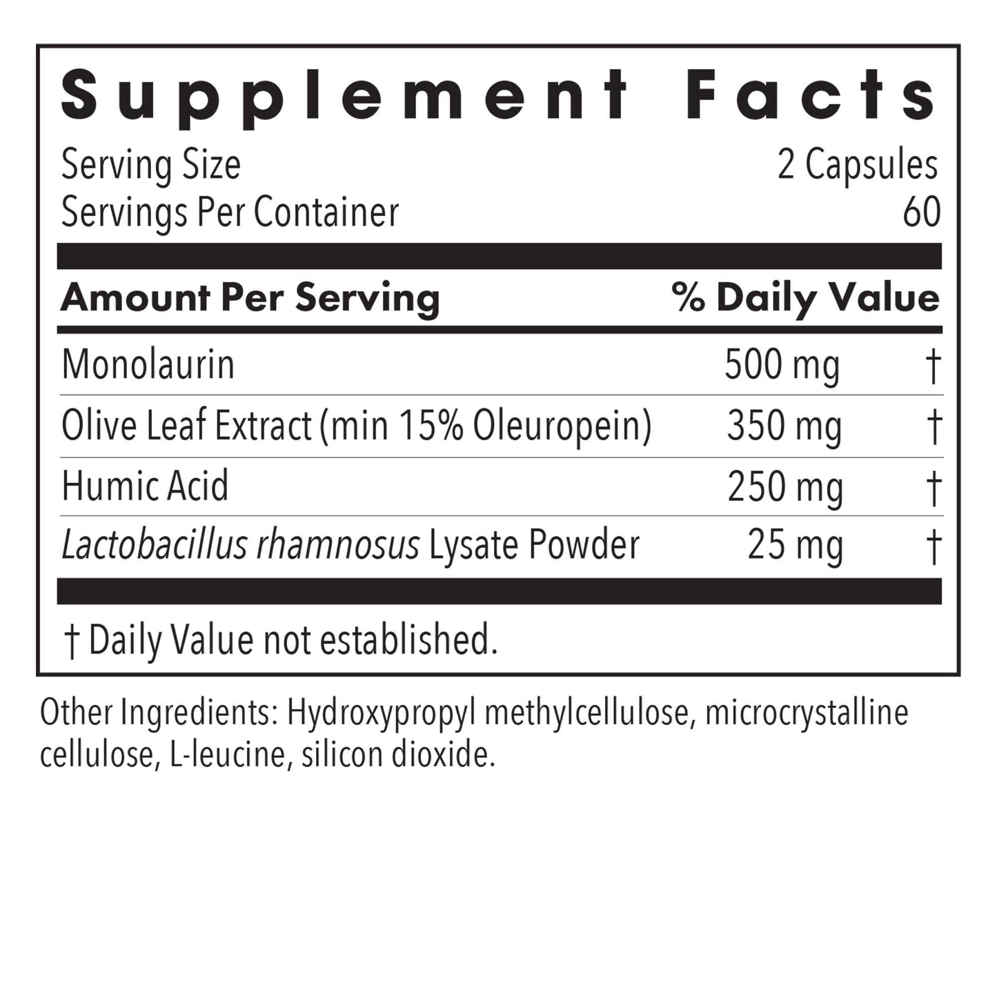Allergy Research Group Humic Monolaurin supplement facts label with ingredient details