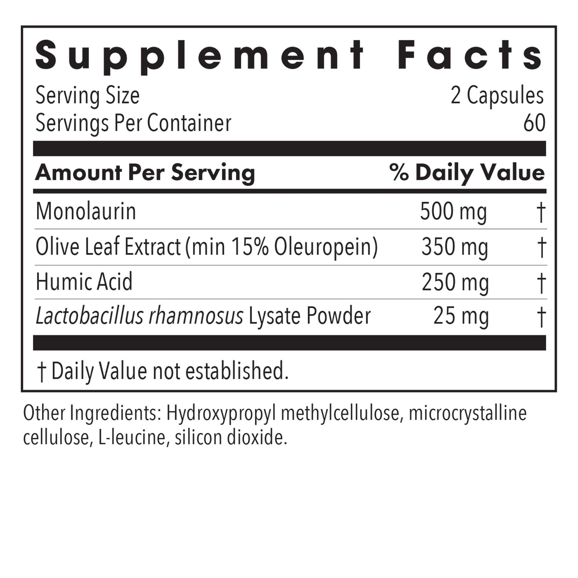 Allergy Research Group Humic Monolaurin supplement facts label with ingredient details