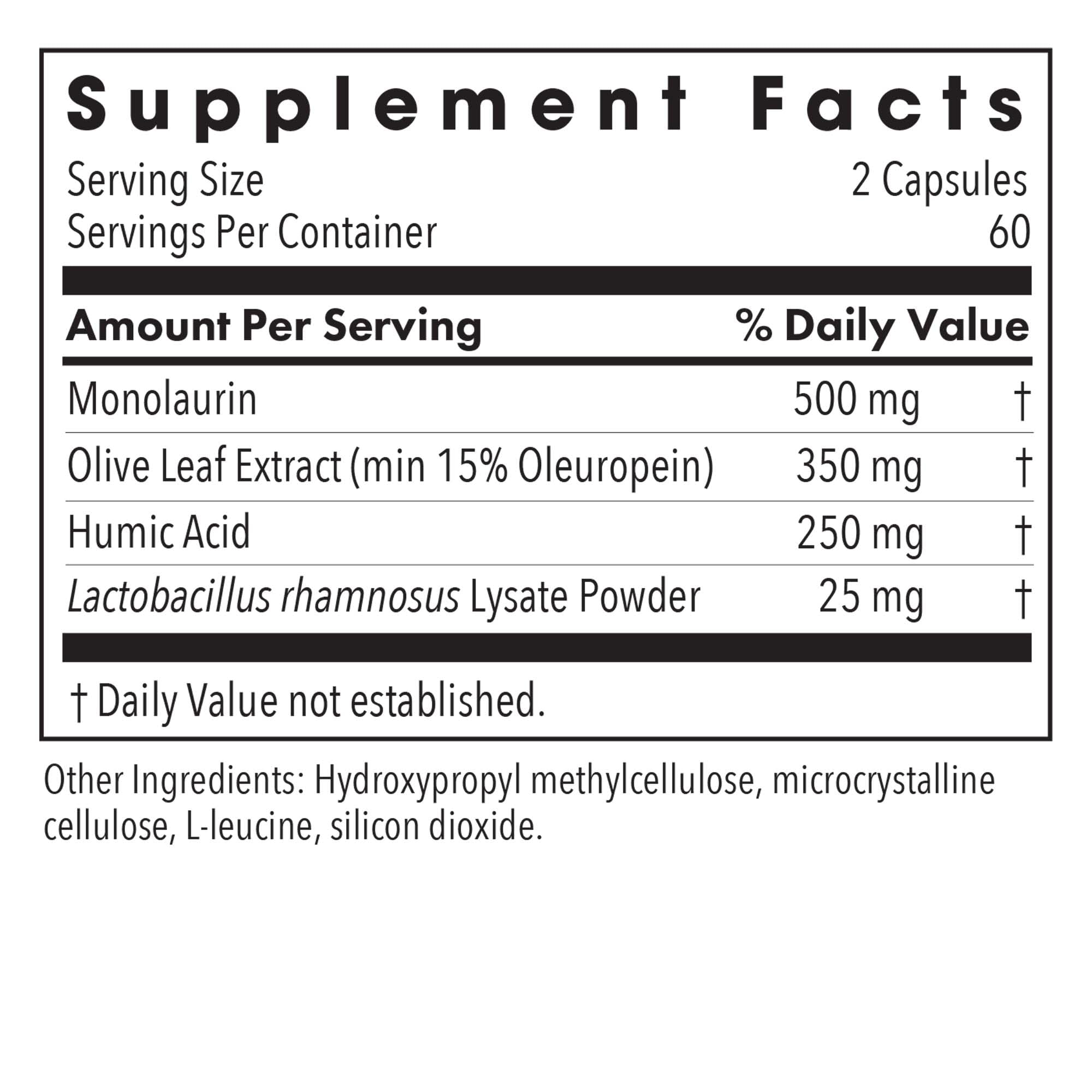 Allergy Research Group Humic Monolaurin supplement facts label with ingredient details
