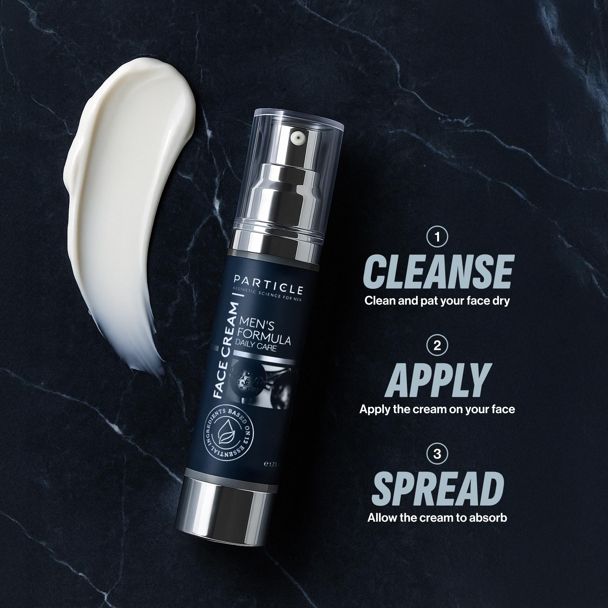 Particle men's skincare moisturizer showing Vitamin C and hyaluronic acid benefits