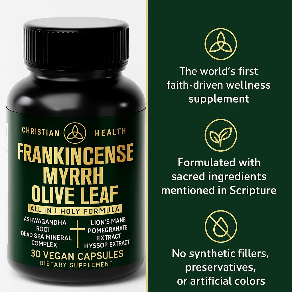 Back label of Christian Health Frankincense and Myrrh supplement showcasing the GMP certified manufacturing details.