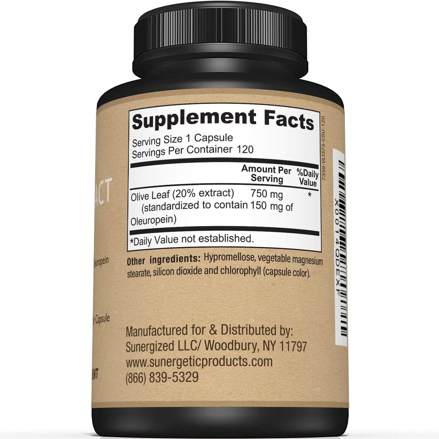 Sunergetic Olive Leaf Extract supplement facts panel showing 20 percent Oleuropein concentration